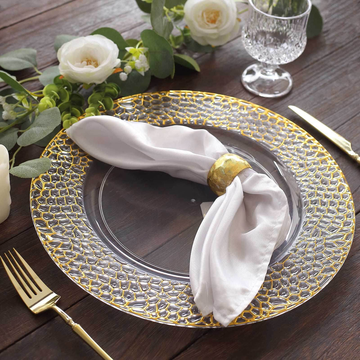 6-Pack Acrylic Charger Plates 13" Round Clear with Gold Hammered Rim - Decorative Plastic Charger Tableware